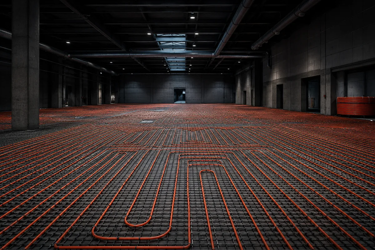 Industrieflächenheizung — großflächig verlegte Heizrohre in einer Industriehalle